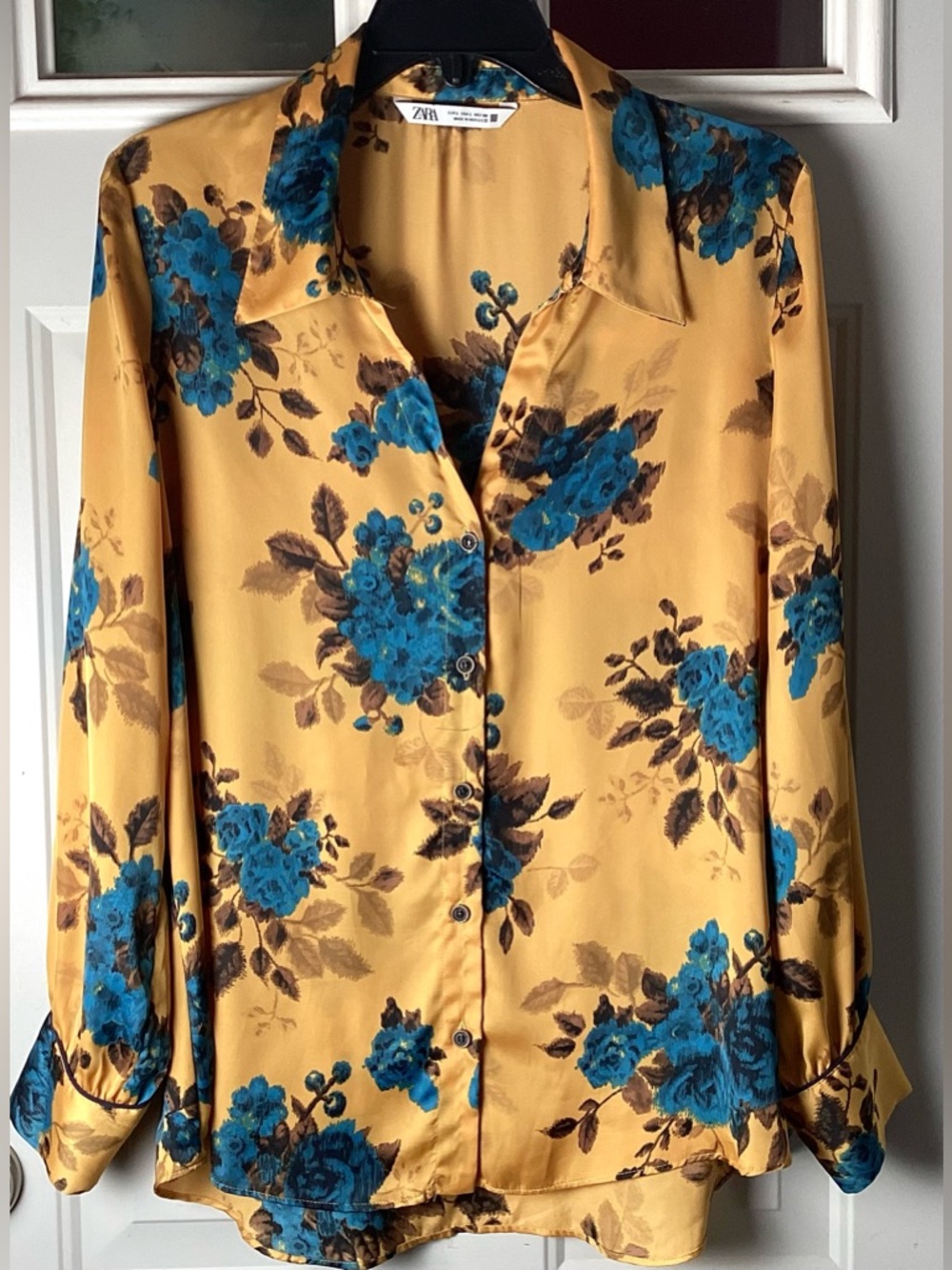 Zara Yellow Button-Down Blouse with Blue Floral Print satin look